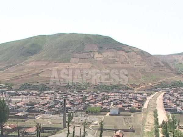 見事に山頂まで木が刈られている。咸鏡北道の会寧市。2005年6月中国側から石丸次郎撮影（アジアプレス）